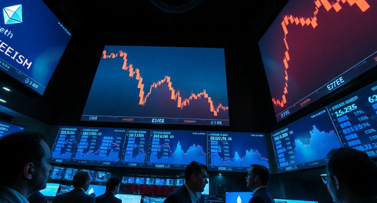 Trading floor monitors showing Ethereum price charts and negative fund flow data