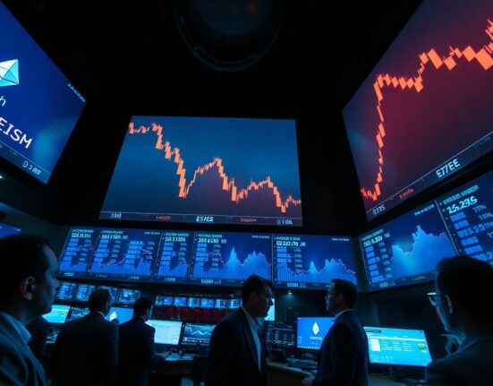 Trading floor monitors showing Ethereum price charts and negative fund flow data