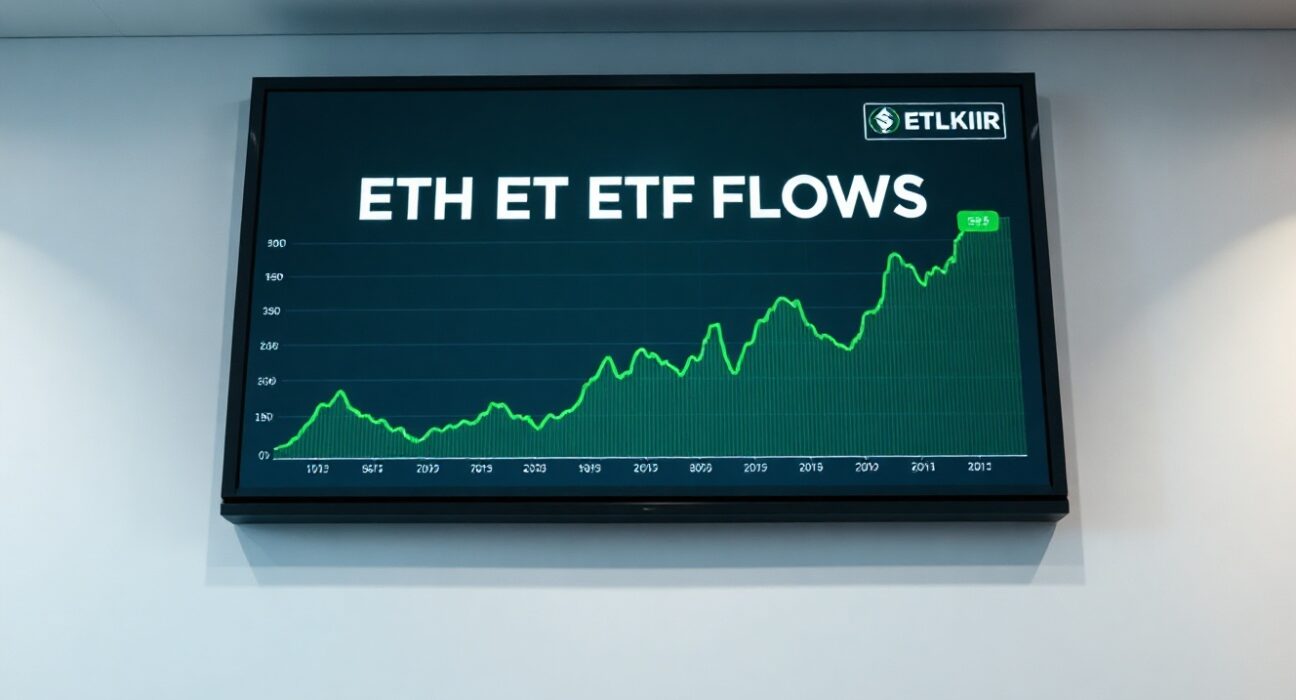 Digital display showing positive Ethereum ETF flow data in a modern office setting