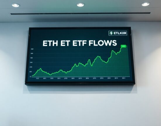 Digital display showing positive Ethereum ETF flow data in a modern office setting