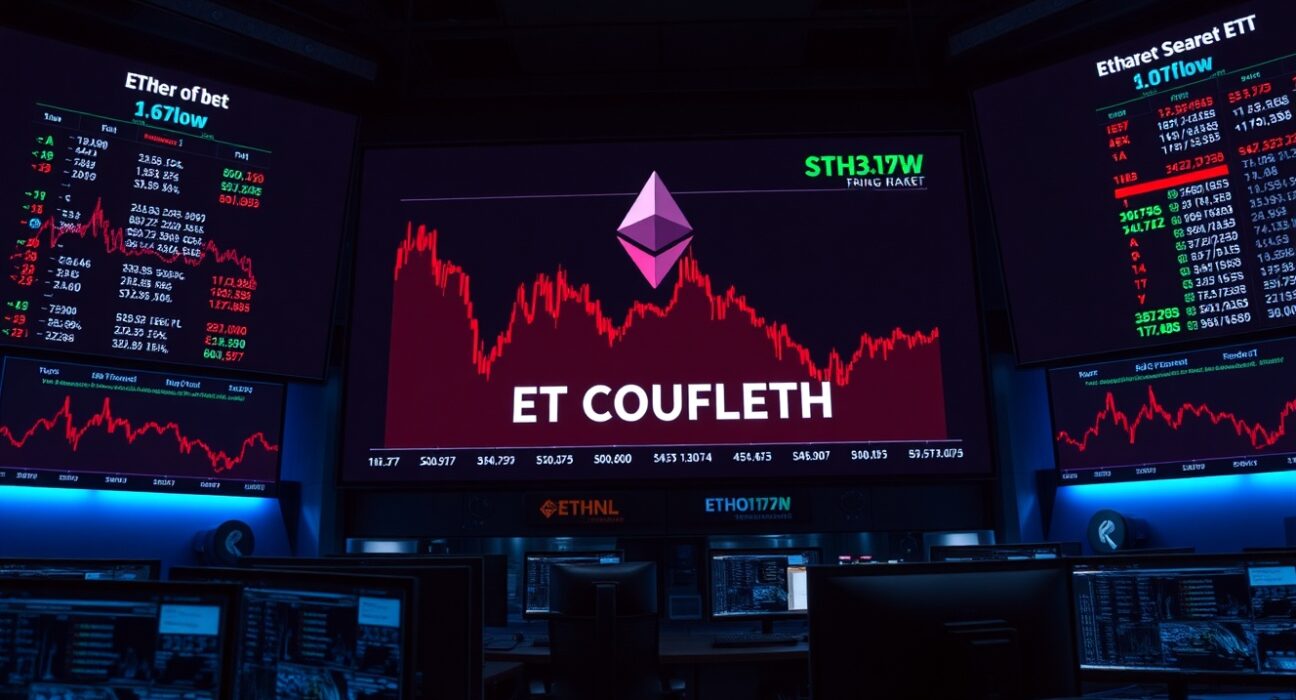 Digital trading screens showing Ethereum price charts and ETF net outflow data on a modern financial trading floor