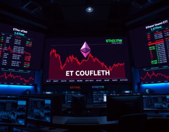 Digital trading screens showing Ethereum price charts and ETF net outflow data on a modern financial trading floor