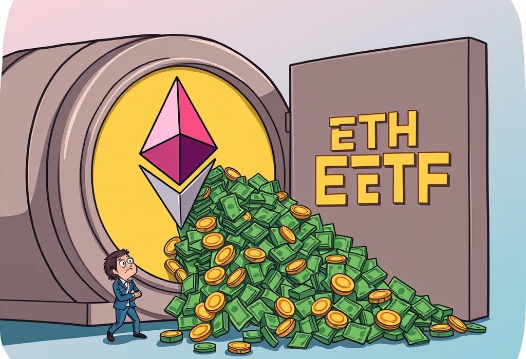 Cartoon depicting a significant outflow of funds from U.S. spot Ethereum ETFs, symbolizing the record-breaking investment shift.
