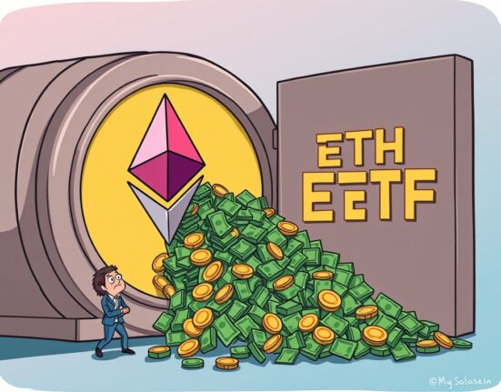 Cartoon depicting a significant outflow of funds from U.S. spot Ethereum ETFs, symbolizing the record-breaking investment shift.
