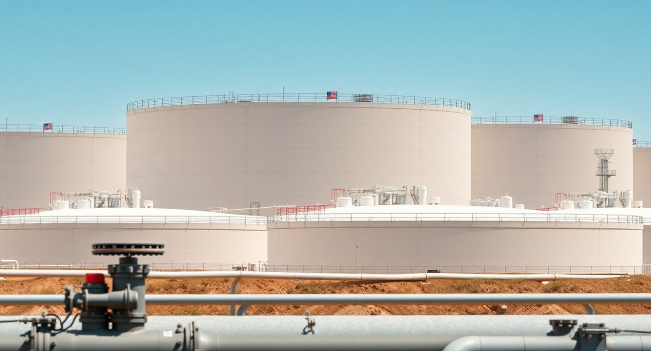 Aerial view of US Strategic Petroleum Reserve tank farm under clear daylight