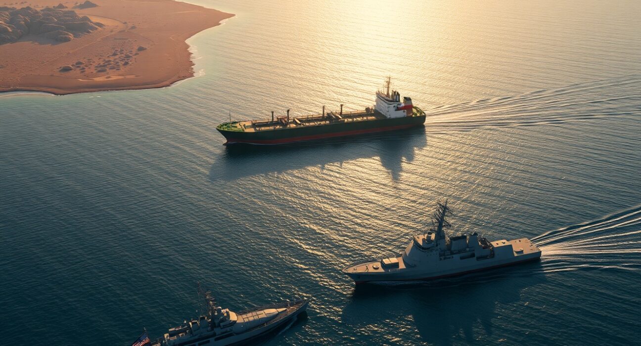 Oil tanker navigating Strait of Hormuz with US and Iranian naval vessels present during geopolitical tensions