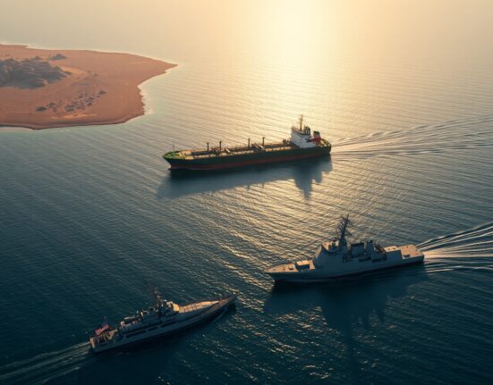 Oil tanker navigating Strait of Hormuz with US and Iranian naval vessels present during geopolitical tensions