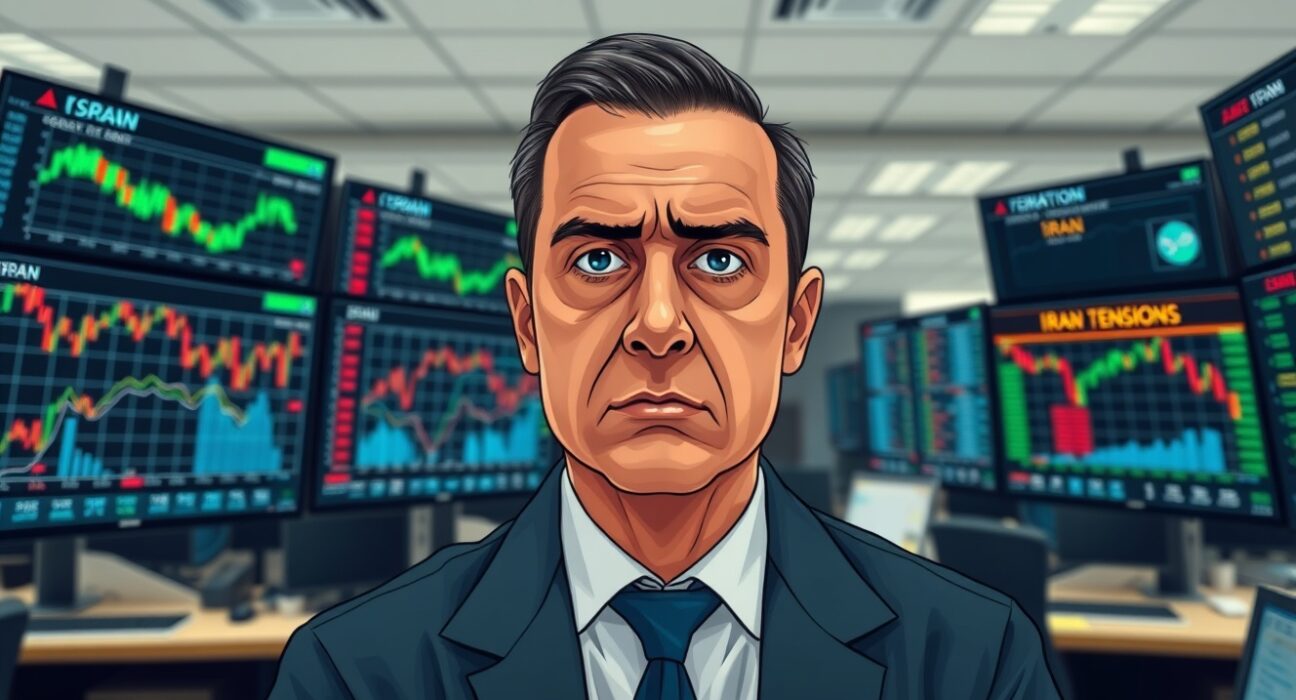 Trader monitors falling US stock futures after Trump's Iran war comments cause market volatility.