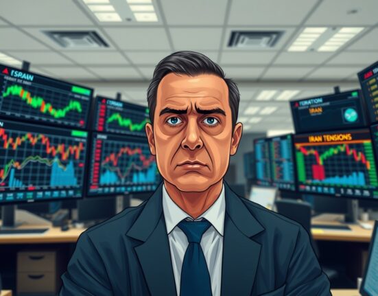 Trader monitors falling US stock futures after Trump's Iran war comments cause market volatility.