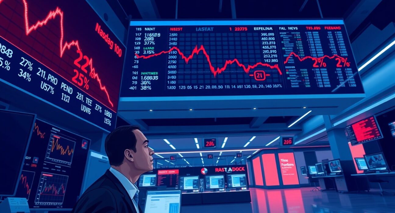 Analyst monitoring US stock futures showing significant declines, including the Nasdaq 100 down over 2%.