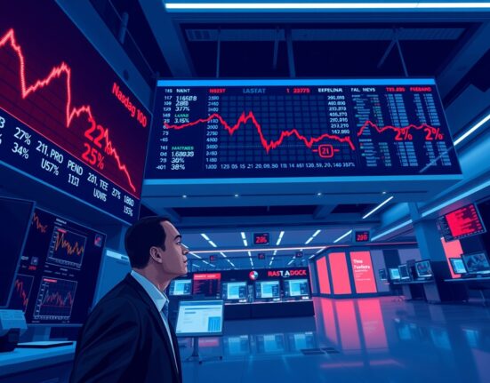 Analyst monitoring US stock futures showing significant declines, including the Nasdaq 100 down over 2%.