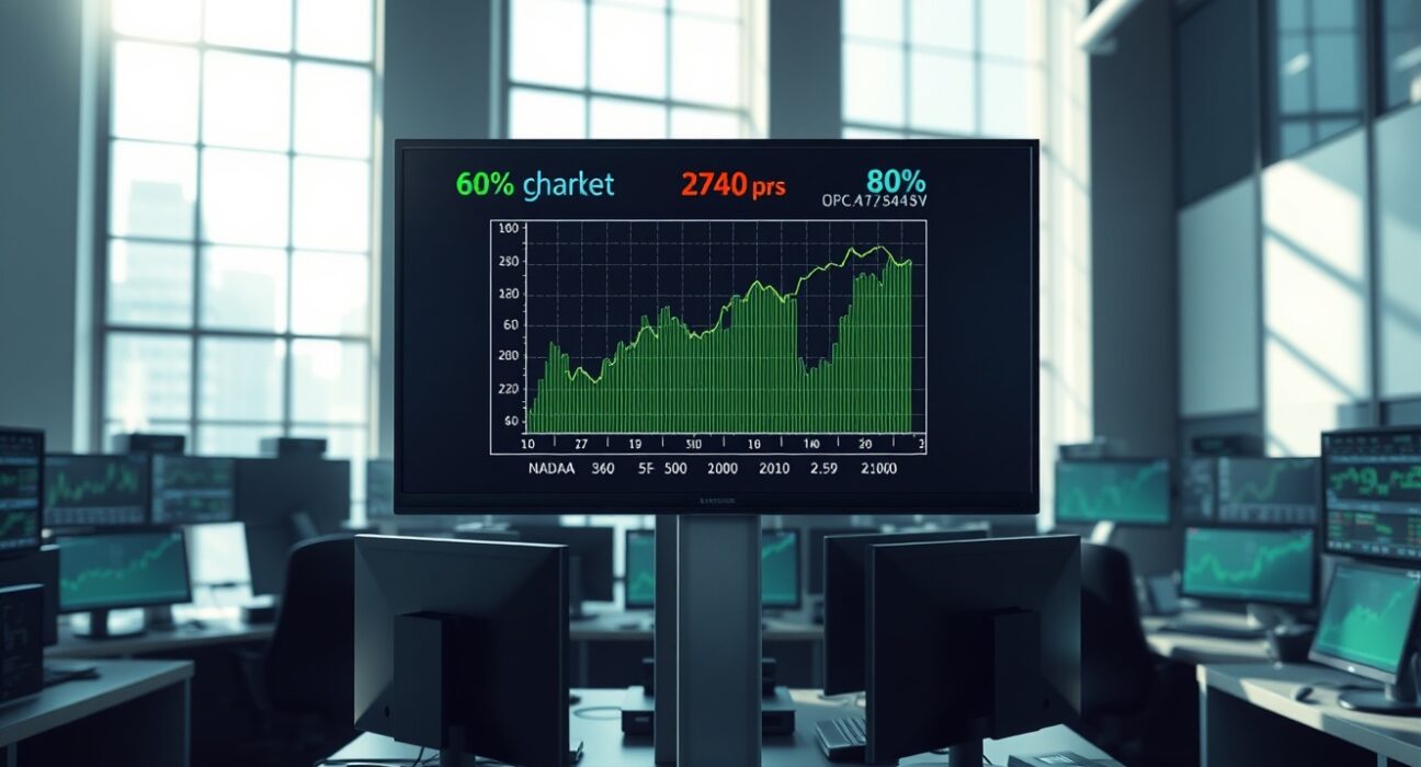 Trading floor screen showing US stock futures rising with Nasdaq and S&P 500 gains in pre-market trading session.