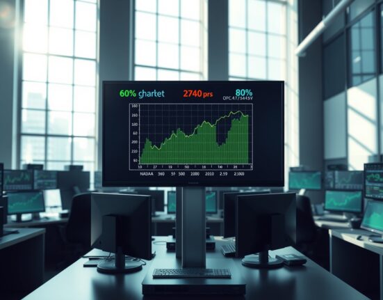 Trading floor screen showing US stock futures rising with Nasdaq and S&P 500 gains in pre-market trading session.