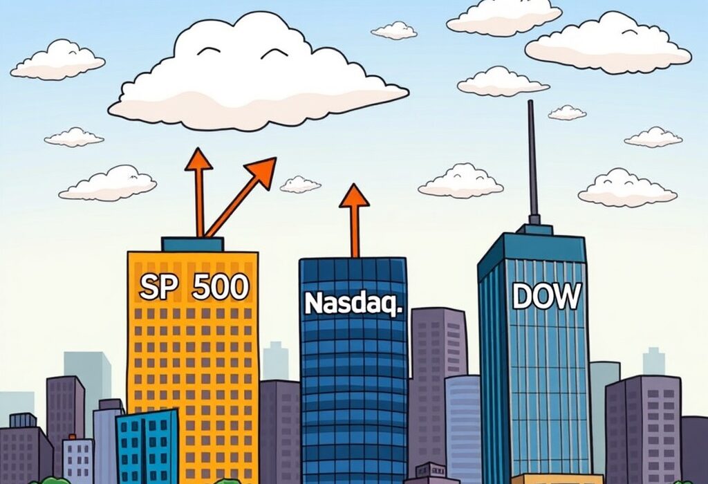 A cartoon illustration showing the mixed performance of U.S. stock indexes, with some rising and others falling, conveying market uncertainty.