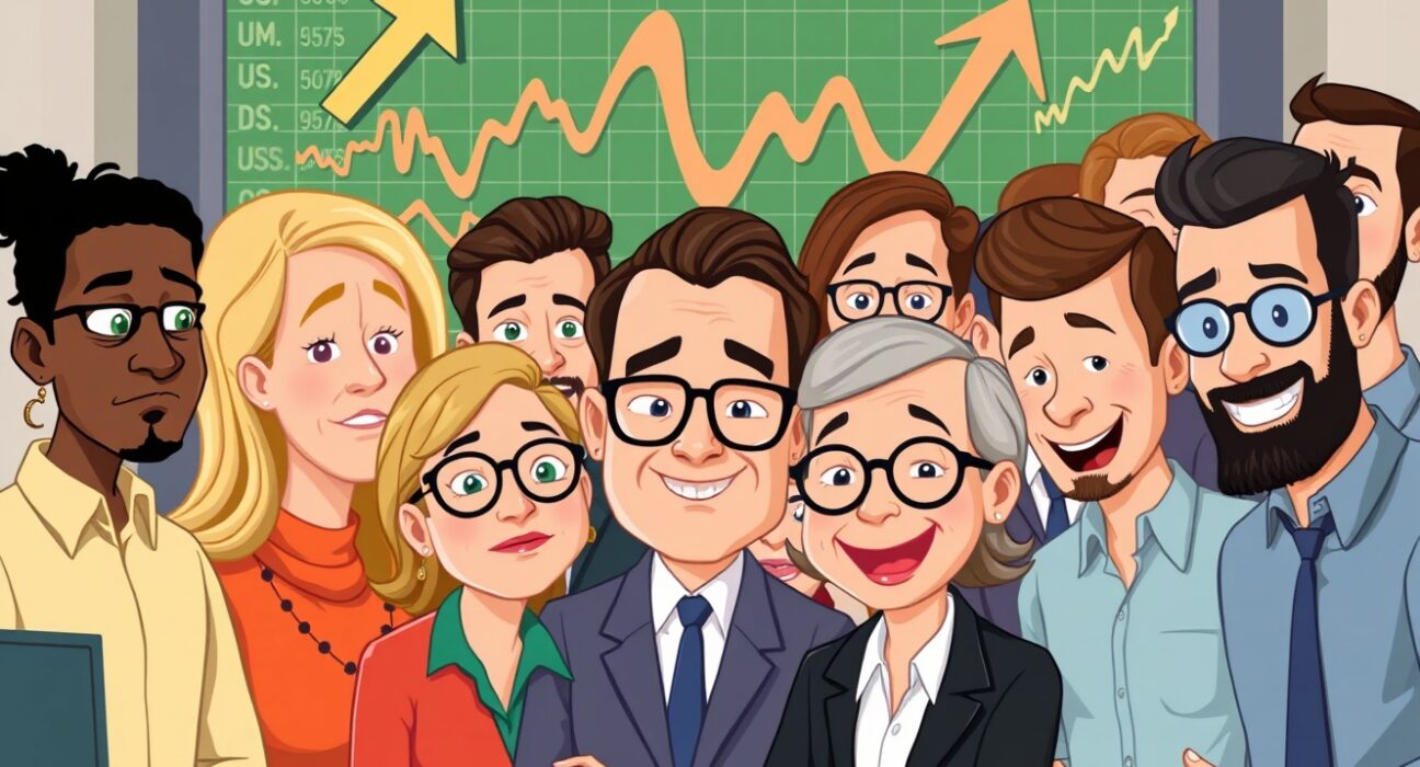 Cartoon illustration showing mixed investor reactions to US stock indexes, reflecting current market uncertainty.