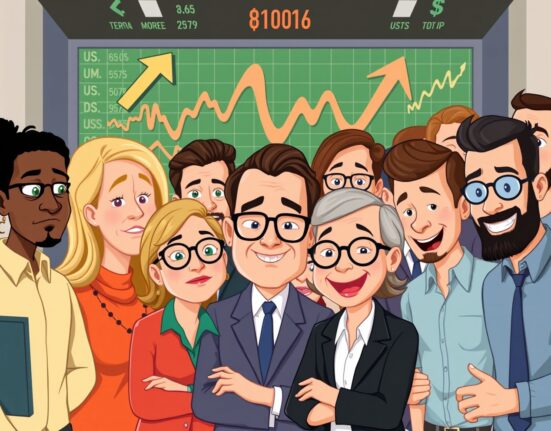 A cartoon illustration showing the mixed performance of U.S. stock indexes, with some rising and others falling, conveying market uncertainty.