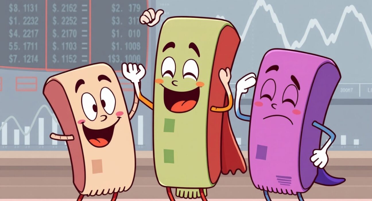 Cartoon illustration showing mixed performance of US stock indexes with rising and falling tickers.