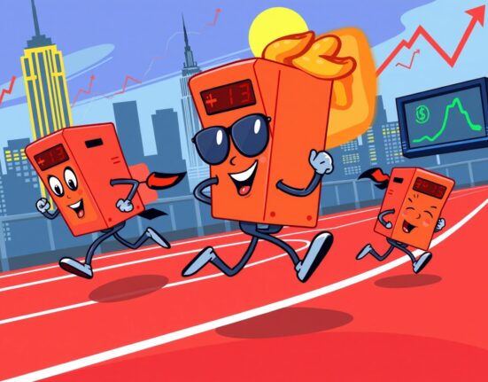 A vibrant cartoon of three major US stock indexes showing mixed performance on a trading floor.