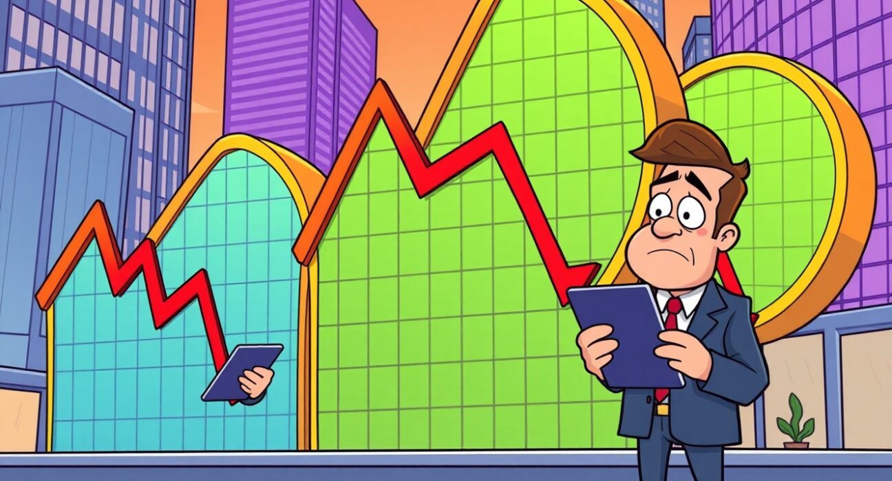 Cartoon illustration showing major US stock indices trending downward with concerned investors