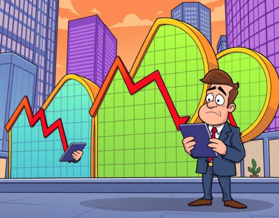 Major US stock indices showing significant decline with worried investors monitoring market performance