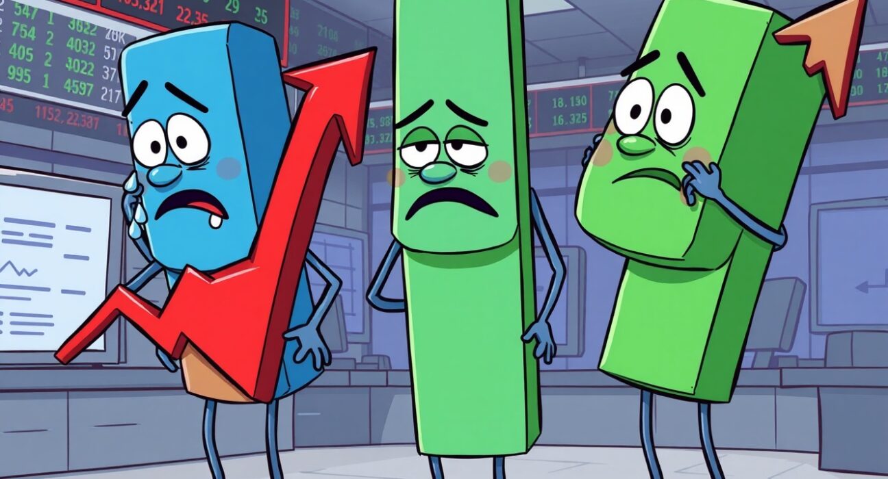 Cartoon illustration of dejected US stock indices closing lower on a trading day.