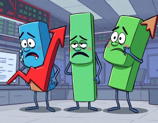 Cartoon illustration of dejected US stock indices closing lower on a trading day.