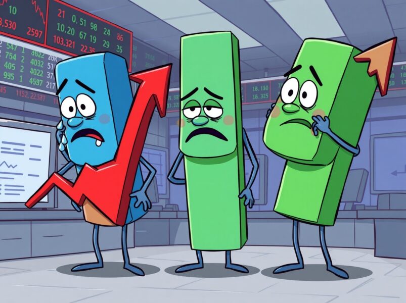 Cartoon illustration of dejected US stock indices closing lower on a trading day.