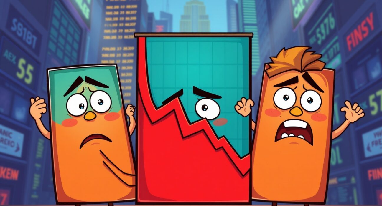 Major US stock indices showing dramatic downward trends in vibrant cartoon illustration
