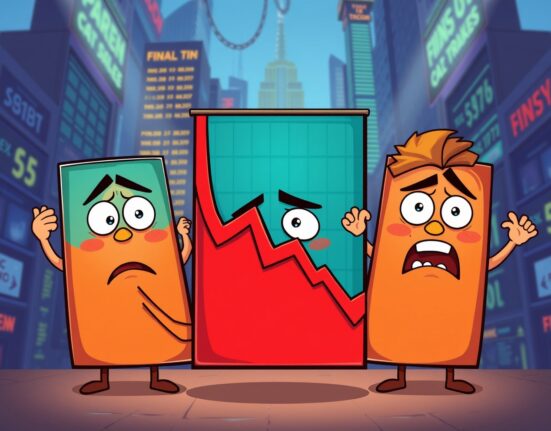Major US stock indices showing dramatic downward trends in vibrant cartoon illustration