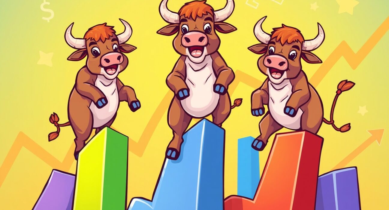 US stock indices showing positive momentum with rising market graphs and bull characters