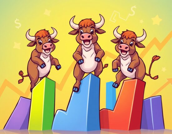 US stock indices showing positive momentum with rising market graphs and bull characters