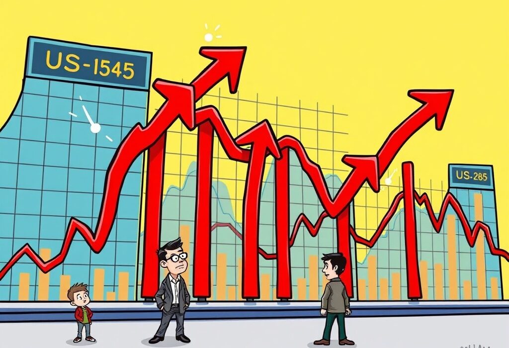 Cartoon showing US stock indices declining, illustrating the market's lower opening and investor sentiment.