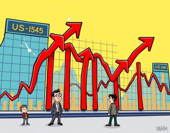 Cartoon showing US stock indices declining, illustrating the market's lower opening and investor sentiment.