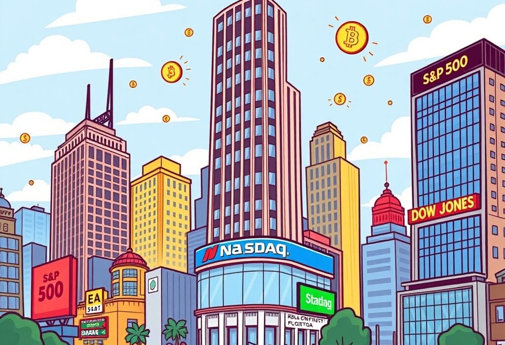 Cartoon showing mixed U.S. Stock Indices performance, reflecting market volatility and its potential impact on crypto.