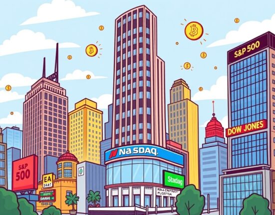 Cartoon showing mixed U.S. Stock Indices performance, reflecting market volatility and its potential impact on crypto.