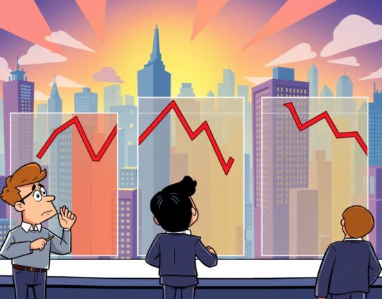Cartoon illustration showing declining US stock indices with animated charts and concerned investors