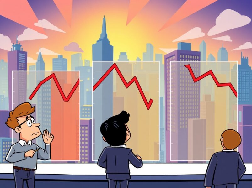 Cartoon illustration showing declining US stock indices with animated charts and concerned investors