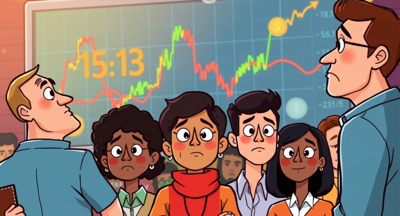 Cartoon depicting investors reacting to mixed US stock market performance, with subtle crypto market hints in the background.