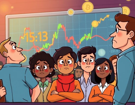 Cartoon depicting investors reacting to mixed US stock market performance, with subtle crypto market hints in the background.