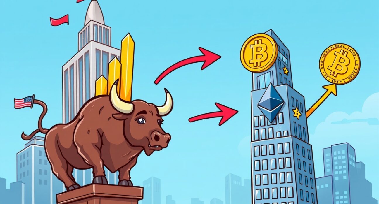 A cartoon illustrating the positive correlation between strong US stock market performance and rising cryptocurrency values.