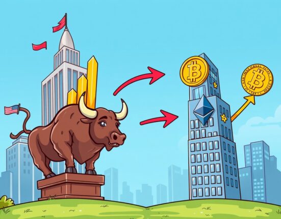 A cartoon illustrating the positive correlation between strong US stock market performance and rising cryptocurrency values.