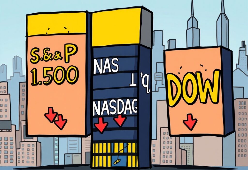 Cartoon illustration showing a significant US stock market decline, with major indexes dropping and investors reacting to the downturn.