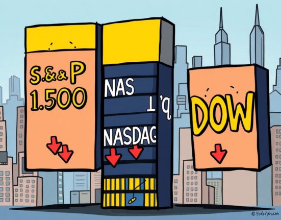 Cartoon illustration showing the US stock market decline with major indexes dipping, signaling market weakness.