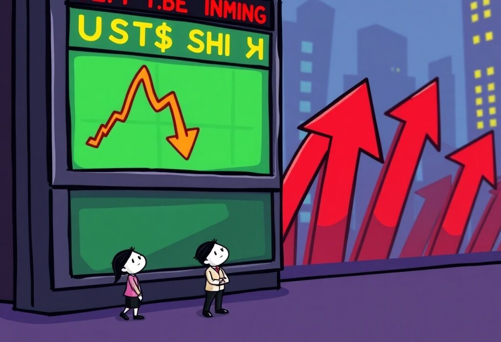 Cartoon illustration showing the U.S. Stock Market experiencing a dip, highlighting current market performance and investor sentiment.