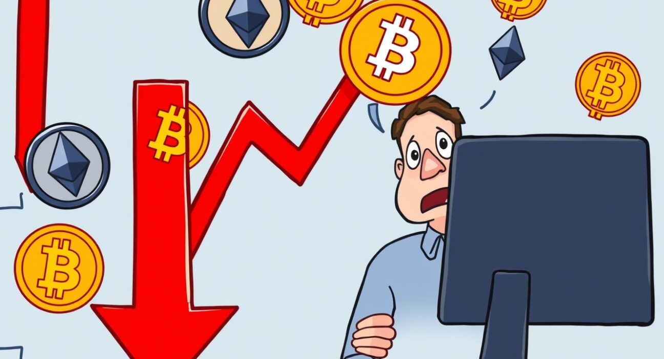 Cartoon illustration of a worried investor reacting to a decline in the U.S. stock market.