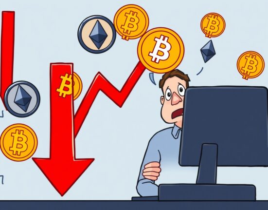 A cartoon illustration showing a downward-pointing stock market chart alongside cryptocurrency symbols, conveying the impact of a US stock market dip on digital assets.