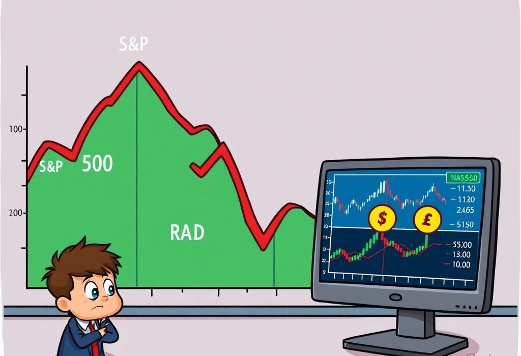 Cartoon illustration showing a U.S. stock market downturn, with major indices falling, prompting investors to consider broader financial implications.