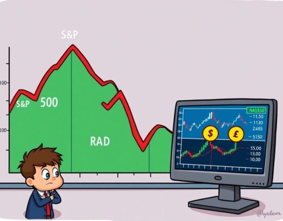 Cartoon illustration showing a U.S. stock market downturn, with major indices falling, prompting investors to consider broader financial implications.