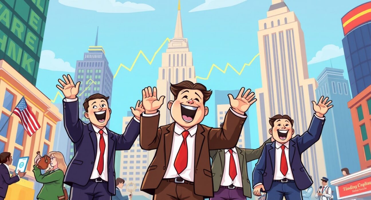 A cartoon illustration showing the US stock market with major indices rising, symbolizing impressive gains for investors.