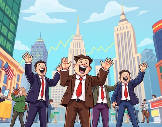 A cartoon illustration showing the US stock market with major indices rising, symbolizing impressive gains for investors.